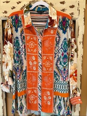 John Mark Orange & Teal Mixed-Print Button Front Shirt